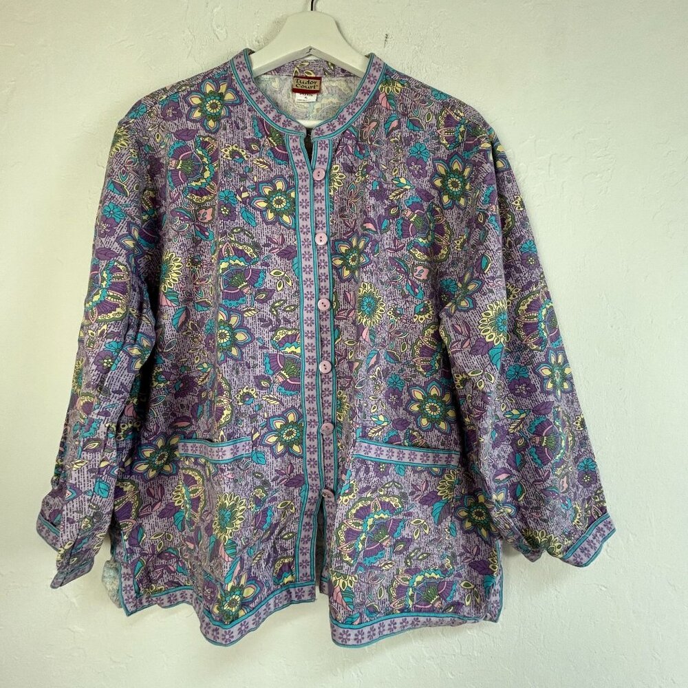 80s Vintage Tudor Court Floral Vibrant Pastel Purple Tapestry Jacket Cardigan XL